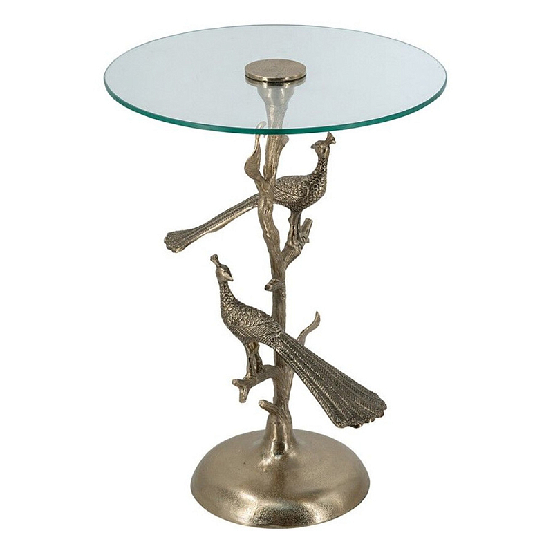 Столик с круглой стеклянной столешницей и корпусом в виде двух павлинов на ветке Table Two Peacocks Золотой Прозрачный в Ростове-на-Дону | Loft Concept 