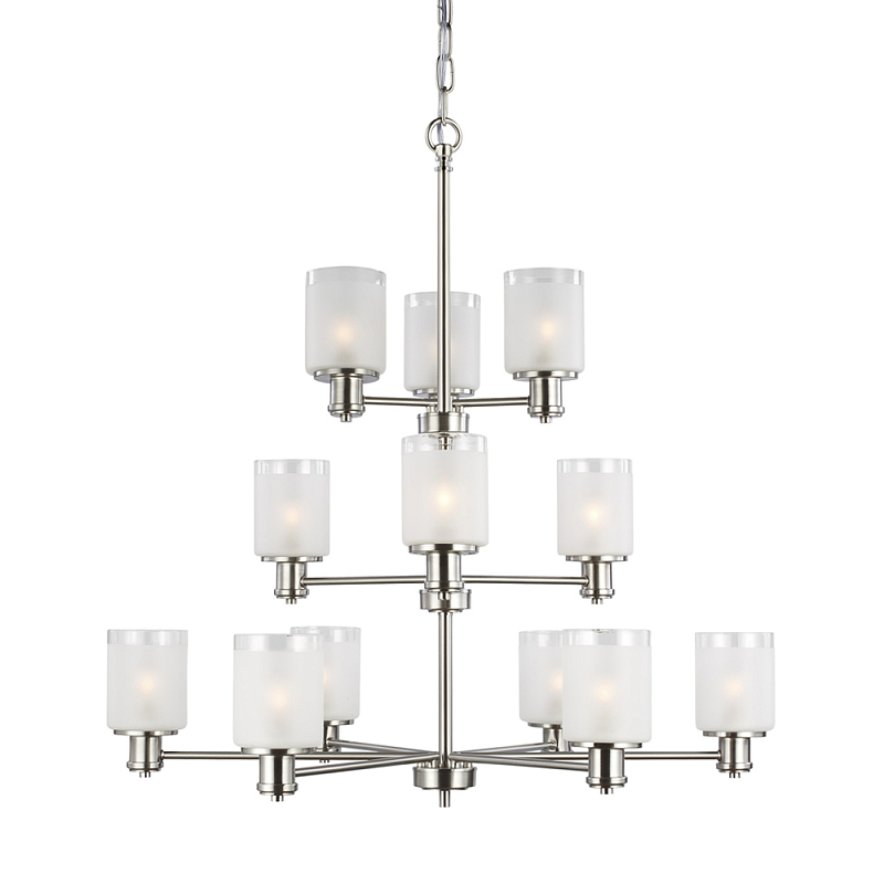 Люстра двухъярусная цвета никель с 12-ю матовыми цилиндрическими стеклянными плафонами Generation Lighting Никель Белый Бежевый в Ростове-на-Дону | Loft Concept 