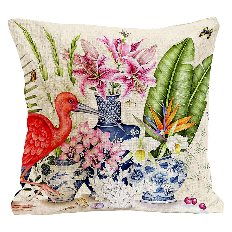   Flowers and Scarlet Ibis Pillow    -- | Loft Concept 