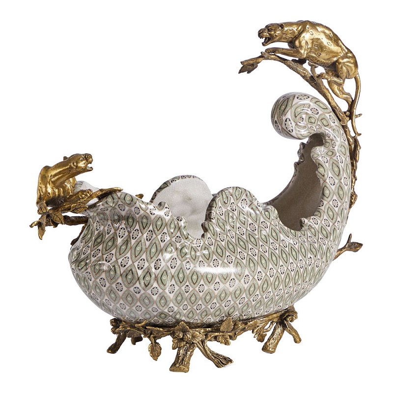 Чаша для фруктов из фарфора бронзовыми фигурками леопардов Eden Garden Мульти Бронза в Ростове-на-Дону | Loft Concept 