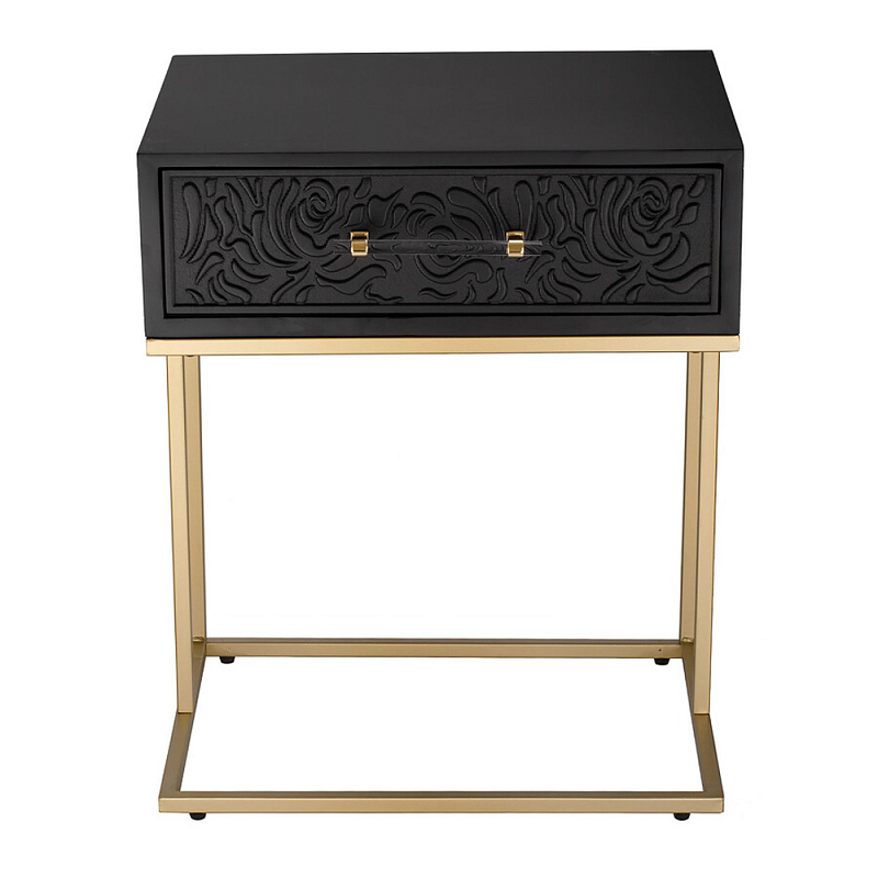 Приставной столик с резным узором на выдвижном ящике Black Table Carved Pattern Черный Золотой в Ростове-на-Дону | Loft Concept 