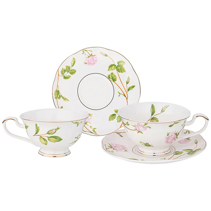 Чайный набор из фарфора белый с цветочным принтом на 2 персоны 4 предмета Flower Porcelain Collection Белый Мульти в Ростове-на-Дону | Loft Concept 