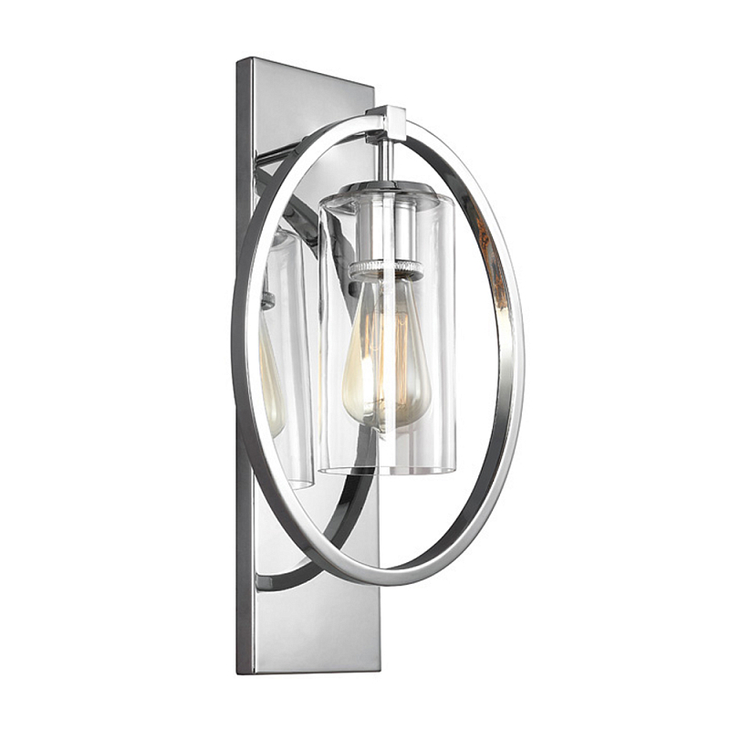 Бра цвета хром с круглой рамой и цилиндрическим прозрачным стеклянным плафоном на прямоугольном основании Feiss Хром Прозрачное Стекло в Ростове-на-Дону | Loft Concept 
