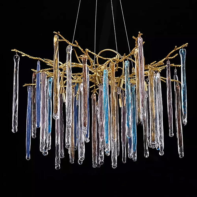 Люстра на подвесе с каркасом из металла и цветными подвесками из стекла Droplet Chandelier Золотой Прозрачный Голубой Янтарный Люстра на подвесе с каркасом из металла и цветными подвесками из стекла Droplet Chandelier Золотой Прозрачный Голубой Янтарный в Ростове-на-Дону | Loft Concept