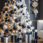 Украшенная Белая Новогодняя Елка с сине-белыми шарами и и муляжами подарков в комплекте варинант исполнения - 2 | Loft Concept в Ростове-на-Дону