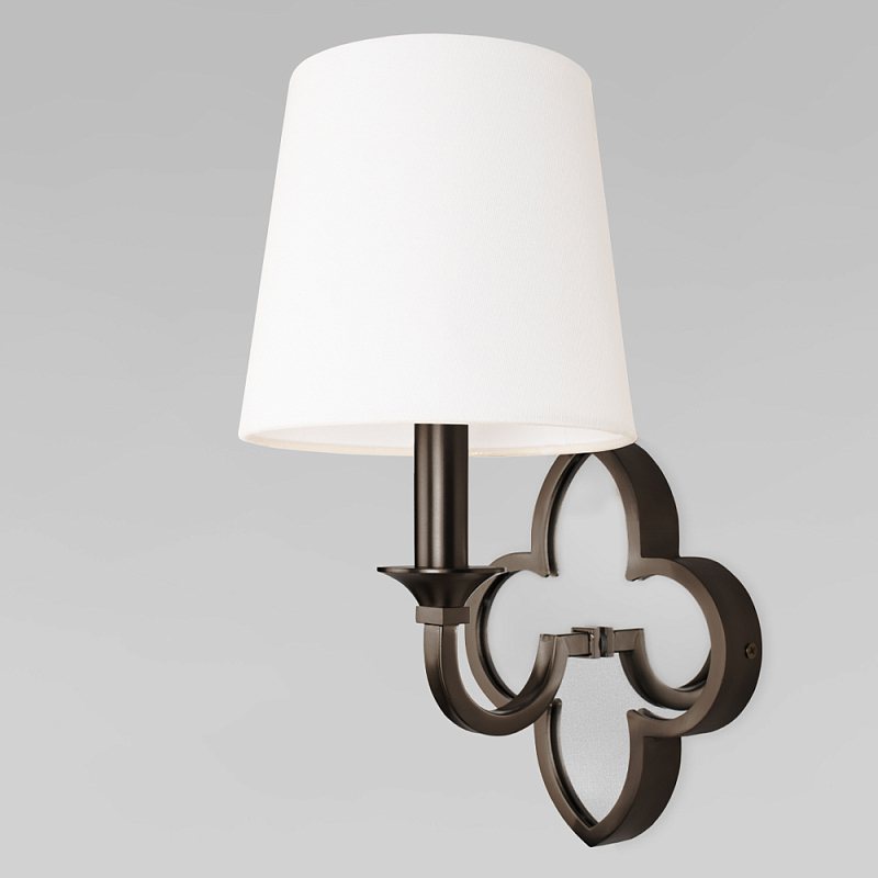 Бра с белым текстильным абажуром и декоративным основанием в виде четырехлистника с зеркальной вставкой Vitorino Белый Черный Никель Латунь в Ростове-на-Дону | Loft Concept 