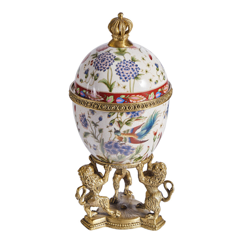 Шкатулка в форме яйца на величественных львах из фарфора с бронзовыми элементами Eden Garden Белый Черный Бронза Мульти в Ростове-на-Дону | Loft Concept 